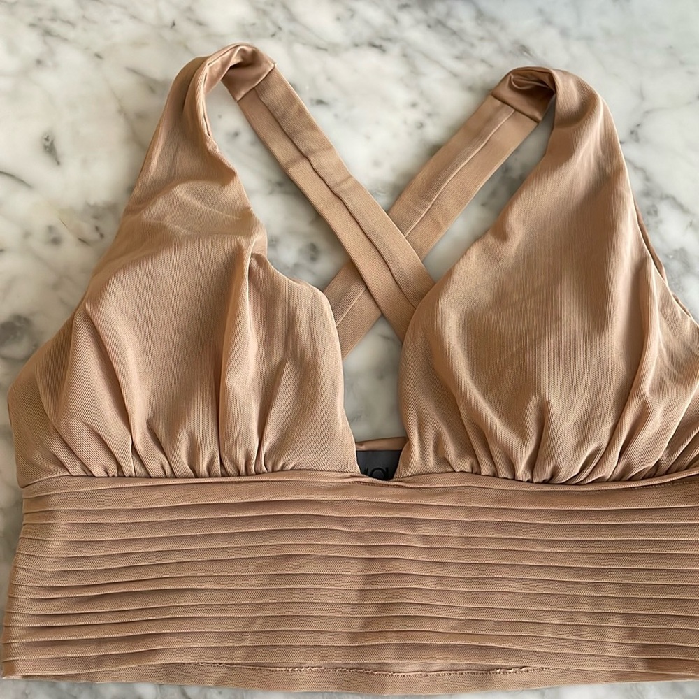 Nude pink pleated longline swim bra top size M